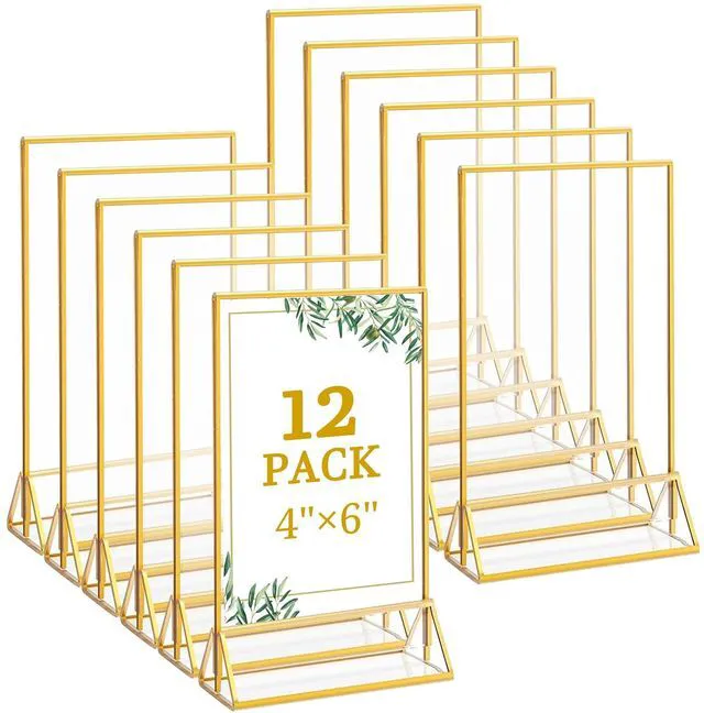 Main image of 12 Pack 4x6 Inch Clear Acrylic Sign Holders, Double-Sided Gold Display Stand Picture Frames for Table Numbers, Menus, Flyers, Weddings, and Offices