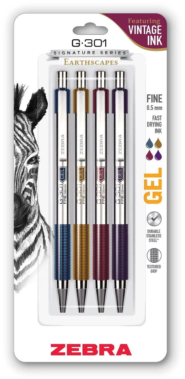 Main image of STEEL G-301 Retractable Gel Pen, Assorted Vintage Ink, 0.5mm, 4Pk Stainless Steel Barrel, Textured Grip, Easy-Glide Smooth, Skipless Ink, Fine Point Tip, Professional Design (47304)