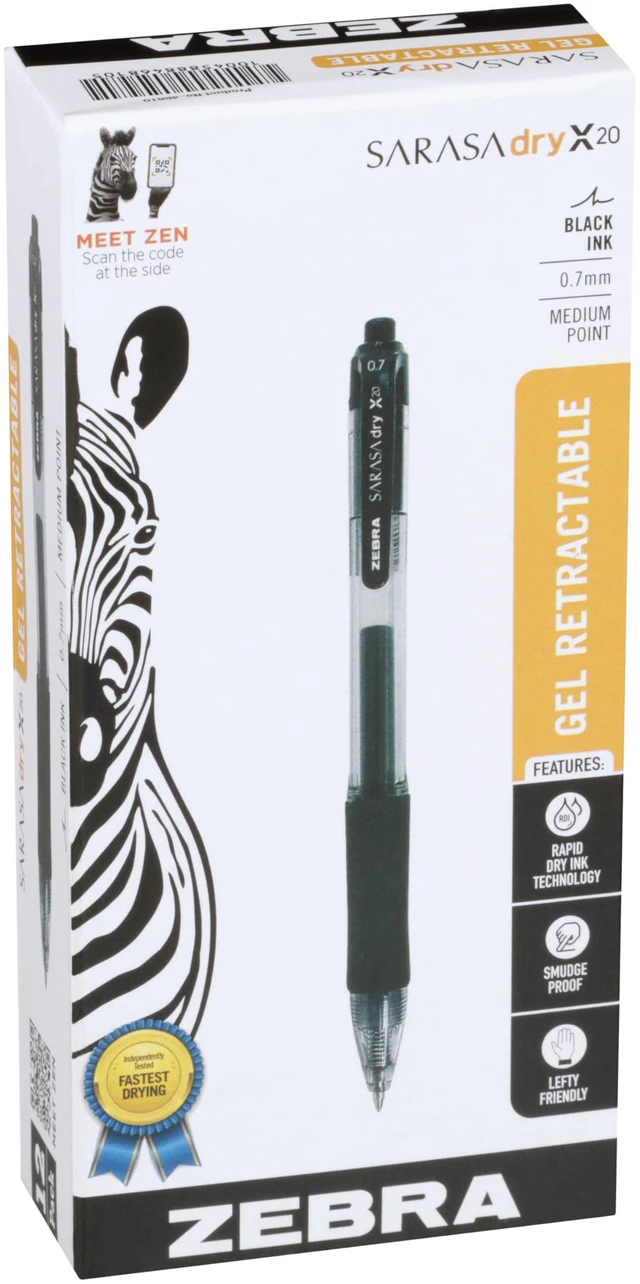 Main image of SARASA X20 Retractable Gel Pen, Black Ink, 0.7mm, 12-Pack Rapid-Dry Ink, Smear-Resistant, Ideal for Left-Handed Writers, Note-Taking, Office, School Supplies, Medium Point Tip (46810)