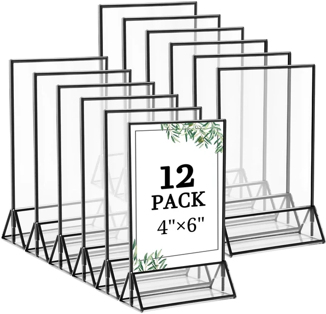 Main image of 12 Pack 4x6 Inch Clear Acrylic Sign Holders, Double-Sided Black Display Stand Picture Frames for Table Numbers, Menus, Flyers, Weddings, and Offices