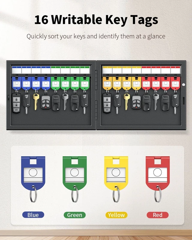 Alt view image 3 of 7 - 16 Keys Key Lock Box, Wall Mount Key Box, Car Key Organizer with Writable Key Racks and Tags, Security Key Cabinet, Car Key Holder Storage Box for Office, Hotel & Company