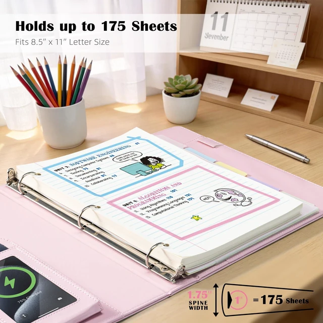 Alt view image 3 of 7 - Pink Leather Binder with Magnetic Clipboard, 1 Inch Binders 3 Ring with Storage Zipper Pouch, Pocketed Dividers, Professional Clipboard Folder for School Office Nursing