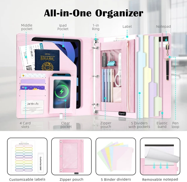 Alt view image 2 of 7 - Pink Leather Binder with Magnetic Clipboard, 1 Inch Binders 3 Ring with Storage Zipper Pouch, Pocketed Dividers, Professional Clipboard Folder for School Office Nursing