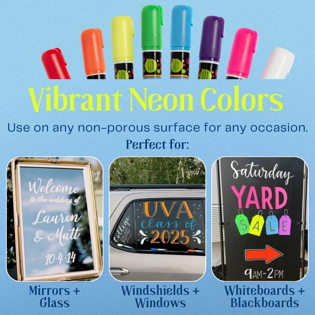 Alt view image 2 of 7 - 10mm JUMBO Tip Liquid Chalk Drawing Markers for Car Windows, Auto Windshields, Mirrors, White Boards, Retail + Restaurant Signs. Erasable Chalk Markers Washable Neon 8pck - 3 writing options