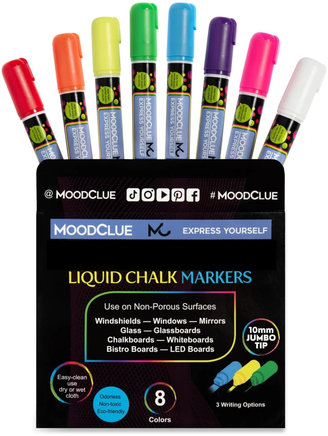 Main image of 10mm JUMBO Tip Liquid Chalk Drawing Markers for Car Windows, Auto Windshields, Mirrors, White Boards, Retail + Restaurant Signs. Erasable Chalk Markers Washable Neon 8pck - 3 writing options