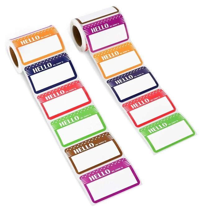 Main image of L LIKED 600 Assorted Name Tags for School Office Home, 6 Colors, No Residue "Hello My Name is" Design, 2 Rolls, 300 Pcs/Roll, Self-Adhesive, Easy to Write,Wide Applications for Parties, Camps and More