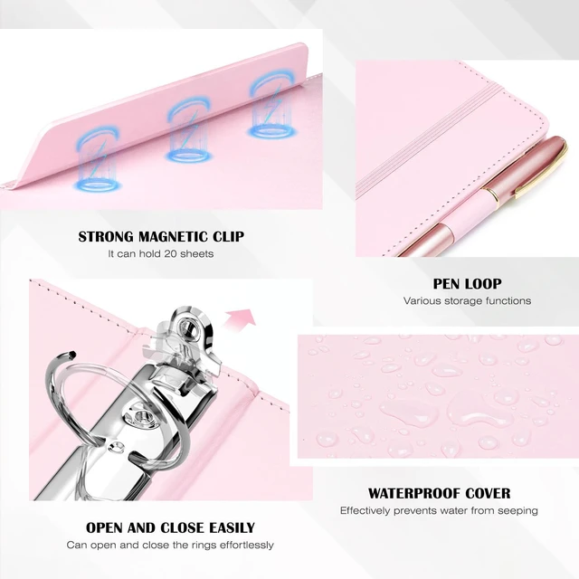 Alt view image 4 of 7 - Pink Leather Binder with Magnetic Clipboard, 1 Inch Binders 3 Ring with Storage Zipper Pouch, Pocketed Dividers, Professional Clipboard Folder for School Office Nursing