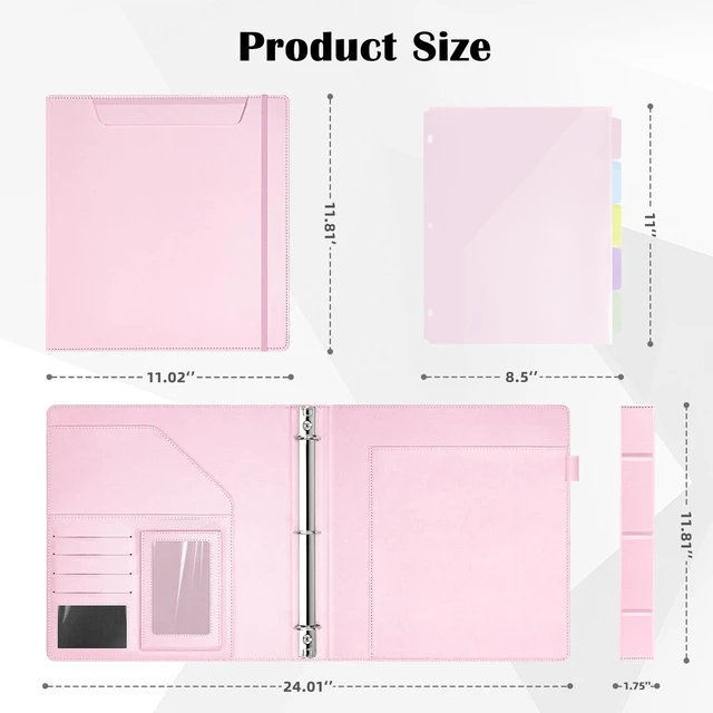 Alt view image 6 of 7 - Pink Leather Binder with Magnetic Clipboard, 1 Inch Binders 3 Ring with Storage Zipper Pouch, Pocketed Dividers, Professional Clipboard Folder for School Office Nursing