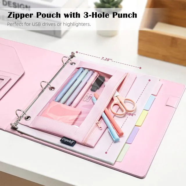 Alt view image 5 of 7 - Pink Leather Binder with Magnetic Clipboard, 1 Inch Binders 3 Ring with Storage Zipper Pouch, Pocketed Dividers, Professional Clipboard Folder for School Office Nursing