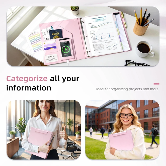 Alt view image 7 of 7 - Pink Leather Binder with Magnetic Clipboard, 1 Inch Binders 3 Ring with Storage Zipper Pouch, Pocketed Dividers, Professional Clipboard Folder for School Office Nursing
