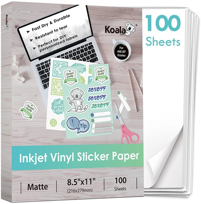 Main image of Vinyl Sticker Paper for Inkjet Printer Matte 100 Sheets, Vivid Colors Waterproof, Removable, Work with Cutting Machine, White, 8.5x11 Inch, for Crafts, Custom Stickers