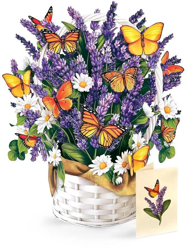 Main image of Pop Up Cards, Lavender & Butterflies, 12 Inch Life Sized Forever Flower Bouquet 3D Popup Greeting Card, Birthday & Thank You Card, Blank Notecard & Envelope