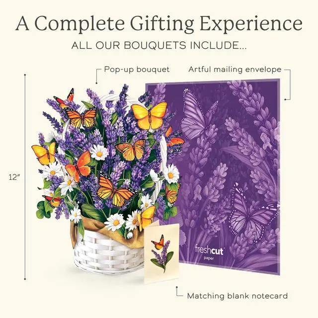 Alt view image 4 of 7 - Pop Up Cards, Lavender & Butterflies, 12 Inch Life Sized Forever Flower Bouquet 3D Popup Greeting Card, Birthday & Thank You Card, Blank Notecard & Envelope