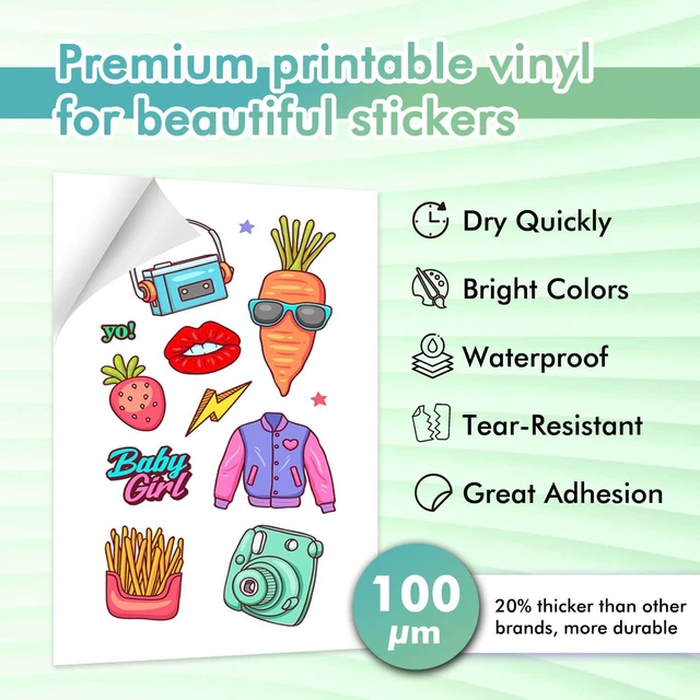 Alt view image 2 of 7 - Vinyl Sticker Paper for Inkjet Printer Matte 100 Sheets, Vivid Colors Waterproof, Removable, Work with Cutting Machine, White, 8.5x11 Inch, for Crafts, Custom Stickers