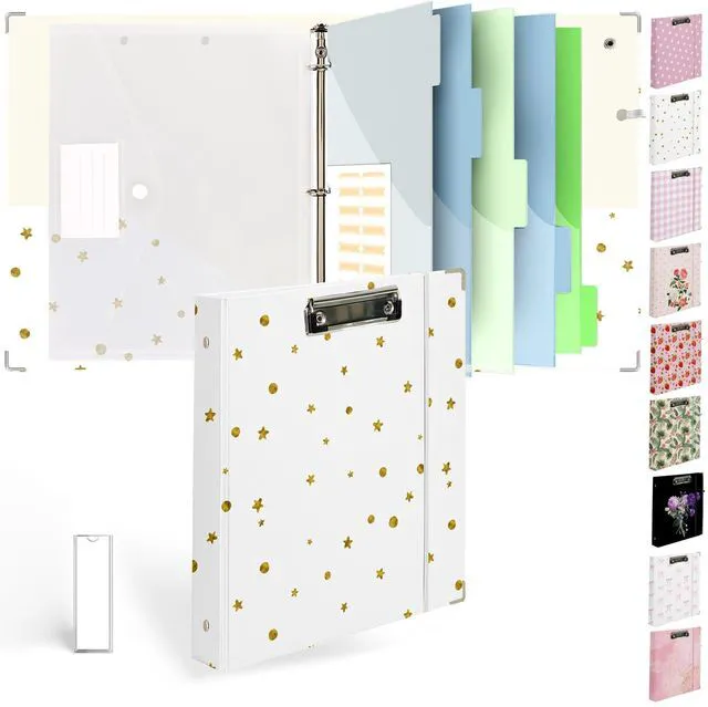 Main image of 3 Ring Binder 1 inch with Clipboard - White with Gold Dots & Stars Design, Includes Dividers, File Bag & Spine Label - Glamorous and Functional for Any Setting, Holographic Waterproof Film