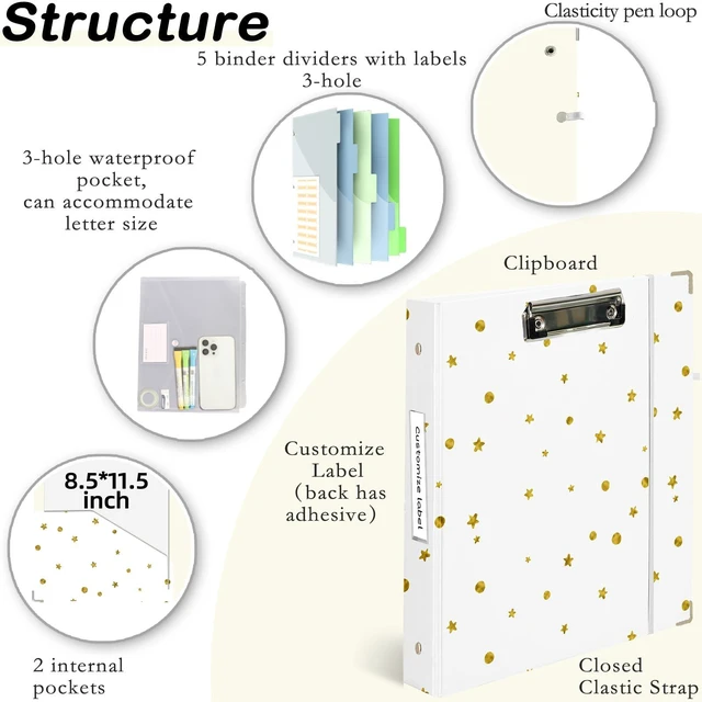 Alt view image 2 of 6 - 3 Ring Binder 1 inch with Clipboard - White with Gold Dots & Stars Design, Includes Dividers, File Bag & Spine Label - Glamorous and Functional for Any Setting, Holographic Waterproof Film
