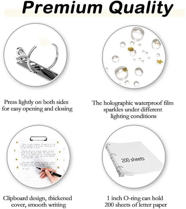 Alt view image 3 of 6 - 3 Ring Binder 1 inch with Clipboard - White with Gold Dots & Stars Design, Includes Dividers, File Bag & Spine Label - Glamorous and Functional for Any Setting, Holographic Waterproof Film
