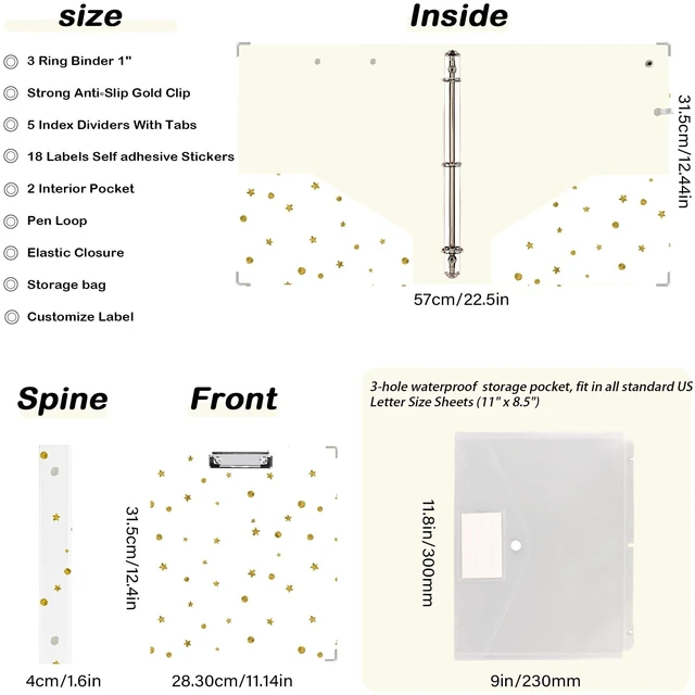 Alt view image 5 of 6 - 3 Ring Binder 1 inch with Clipboard - White with Gold Dots & Stars Design, Includes Dividers, File Bag & Spine Label - Glamorous and Functional for Any Setting, Holographic Waterproof Film