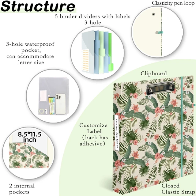 Alt view image 2 of 6 - 3 Ring Binder 1 inch with Clipboard - Tropical Palm Leaf Design, Includes Dividers, File Bag & Spine Label - Perfect for School, Office, and Organization, Holographic Waterproof Film