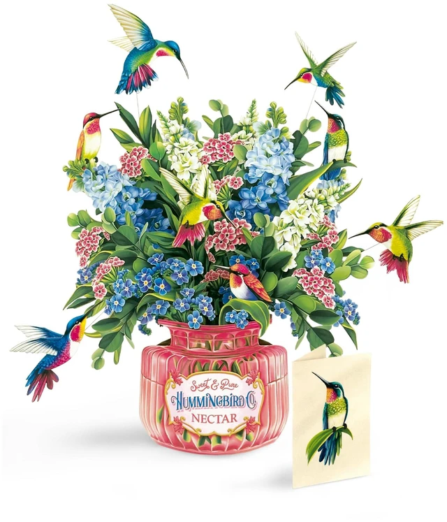 Main image of Pop Up Cards, Hummingbird Oasis, 12 Inch Life Sized Forever Flower Bouquet 3D Popup Greeting Card, Birthday Cards, Thank You Card, Blank Notecard & Envelope