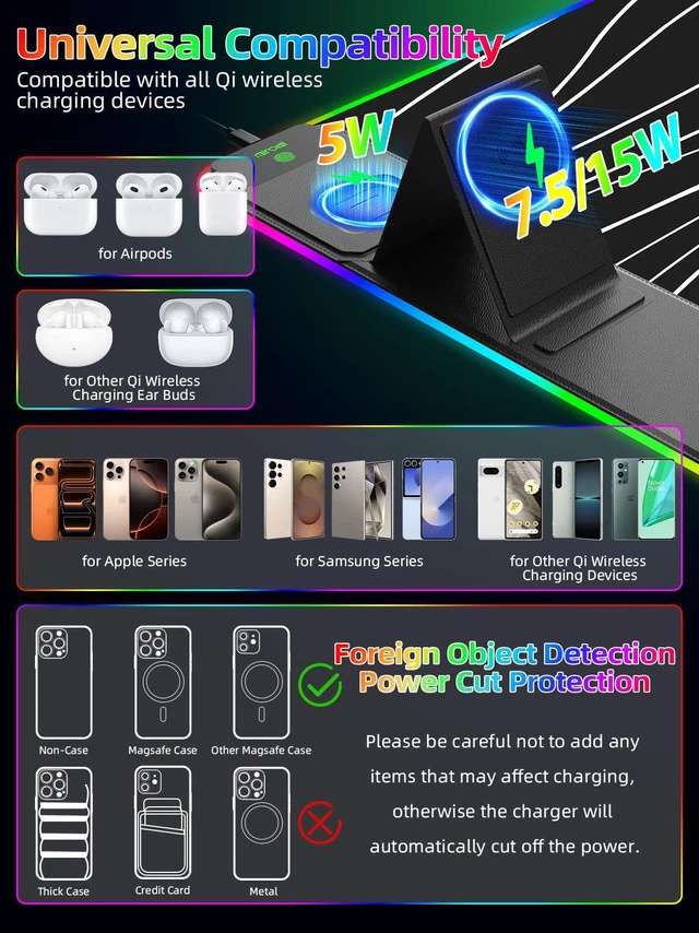 Alt view image 3 of 7 - Mouse Pad with Foldable Phone Holder & Wireless Charger, XXL RGB Gaming Mousepad 31.5"x15.8" Large Desk Mat for Keyboard, Black Desk Pad with Dual Qi Charging Station | 11 Colors 5 Modes