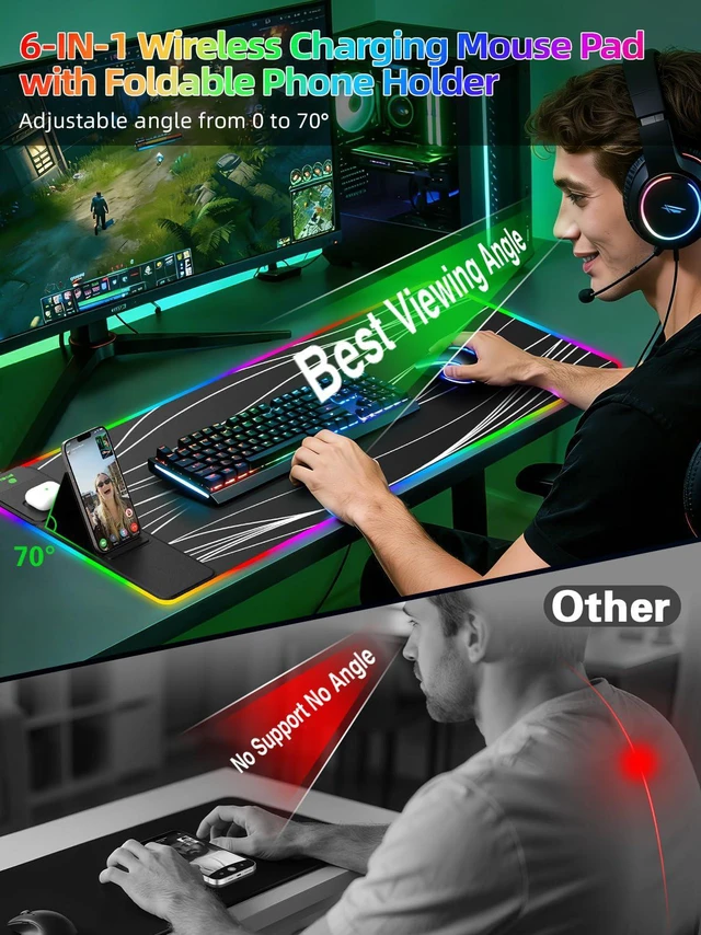 Alt view image 2 of 7 - Mouse Pad with Foldable Phone Holder & Wireless Charger, XXL RGB Gaming Mousepad 31.5"x15.8" Large Desk Mat for Keyboard, Black Desk Pad with Dual Qi Charging Station | 11 Colors 5 Modes