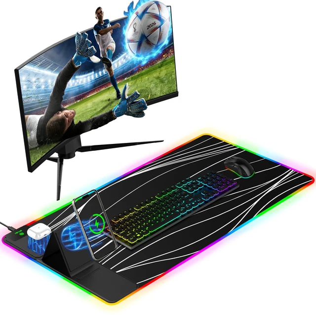 Main image of Mouse Pad with Foldable Phone Holder & Wireless Charger, XXL RGB Gaming Mousepad 31.5"x15.8" Large Desk Mat for Keyboard, Black Desk Pad with Dual Qi Charging Station | 11 Colors 5 Modes