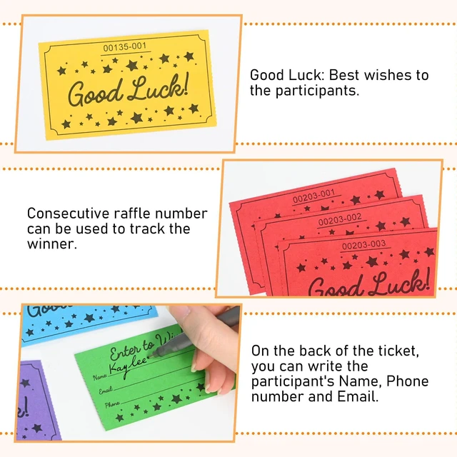 Alt view image 3 of 5 - 2500 Raffle Tickets, Good Luck Raffle Cards, Entry Form with Name, Phone & Email for Raffle, Events, Entry, Class Reward & Door Prize- Blue/Yellow/Pink/Green/Purple (Pack of 2)