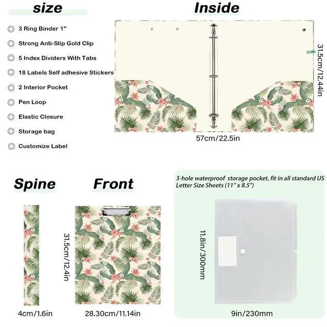 Alt view image 5 of 6 - 3 Ring Binder 1 inch with Clipboard - Tropical Palm Leaf Design, Includes Dividers, File Bag & Spine Label - Perfect for School, Office, and Organization, Holographic Waterproof Film