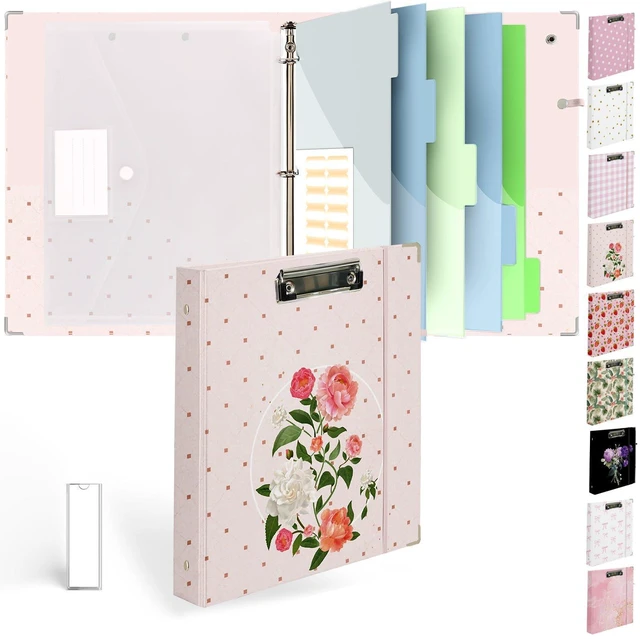 Main image of 3 Ring Binder 1 inch with Clipboard - Soft Pink Floral Design, Includes Dividers, File Bag & Spine Label - Perfect for Students, Teachers, and Professionals, Holographic Waterproof Film