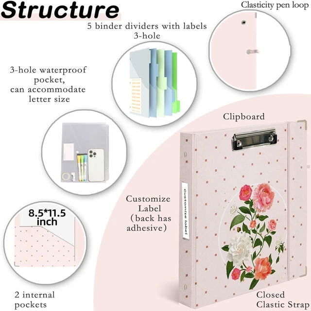 Alt view image 2 of 6 - 3 Ring Binder 1 inch with Clipboard - Soft Pink Floral Design, Includes Dividers, File Bag & Spine Label - Perfect for Students, Teachers, and Professionals, Holographic Waterproof Film