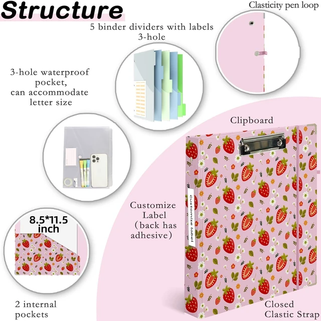 Alt view image 2 of 6 - 3 Ring Binder 1 inch with Clipboard - Pink Strawberry Design, Includes Dividers, File Bag & Spine Label - Cute and Practical for Students and Organizers, Holographic Waterproof Film