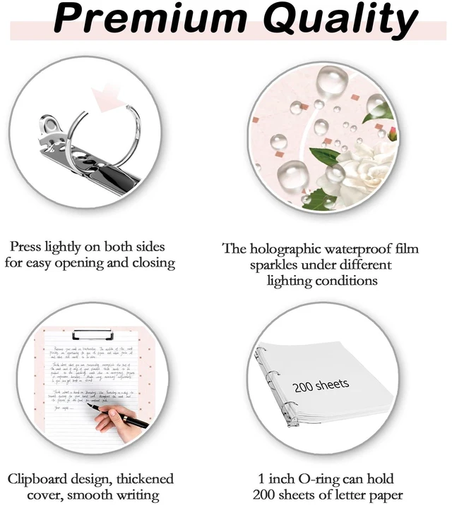Alt view image 3 of 6 - 3 Ring Binder 1 inch with Clipboard - Soft Pink Floral Design, Includes Dividers, File Bag & Spine Label - Perfect for Students, Teachers, and Professionals, Holographic Waterproof Film