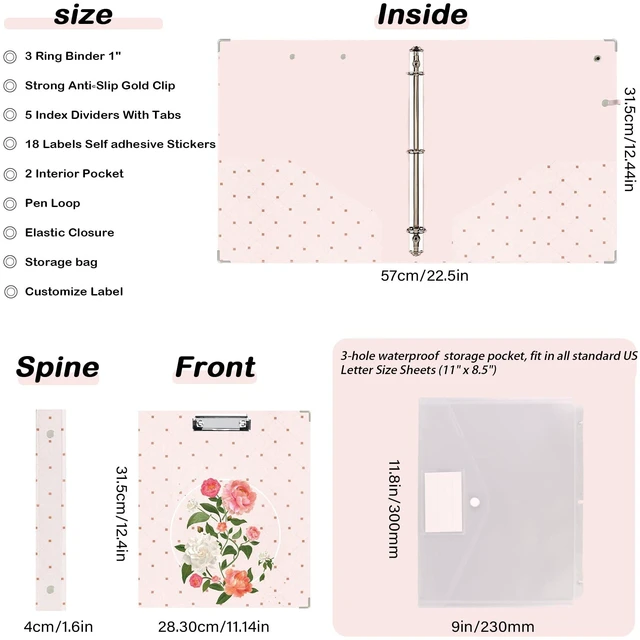 Alt view image 5 of 6 - 3 Ring Binder 1 inch with Clipboard - Soft Pink Floral Design, Includes Dividers, File Bag & Spine Label - Perfect for Students, Teachers, and Professionals, Holographic Waterproof Film