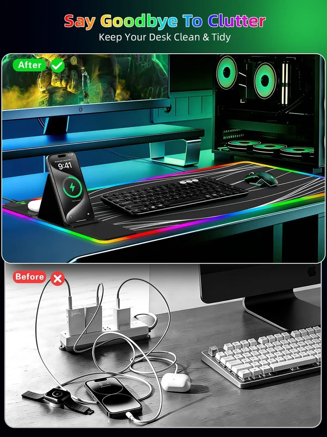 Alt view image 6 of 7 - Mouse Pad with Foldable Phone Holder & Wireless Charger, XXL RGB Gaming Mousepad 31.5"x15.8" Large Desk Mat for Keyboard, Black Desk Pad with Dual Qi Charging Station | 11 Colors 5 Modes