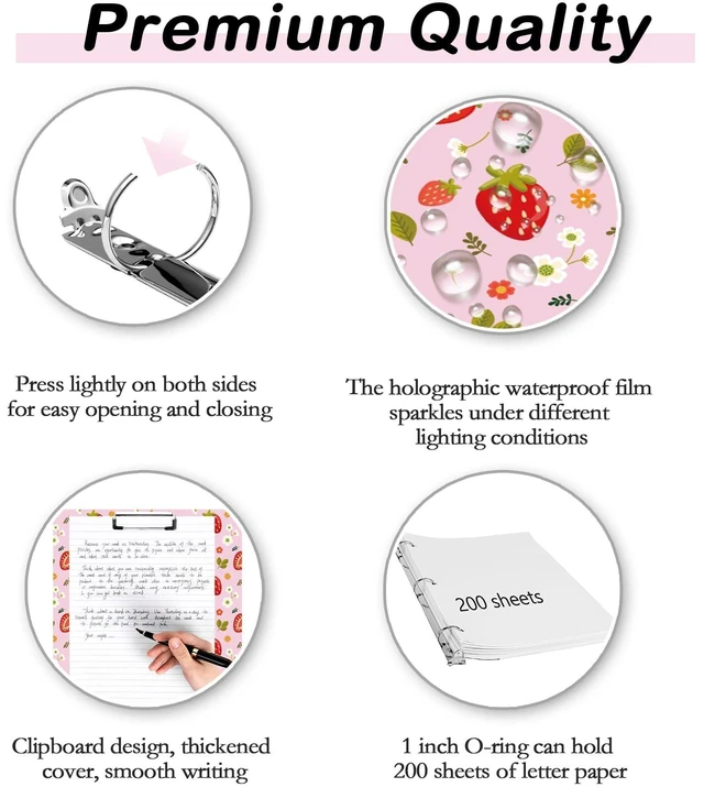 Alt view image 3 of 6 - 3 Ring Binder 1 inch with Clipboard - Pink Strawberry Design, Includes Dividers, File Bag & Spine Label - Cute and Practical for Students and Organizers, Holographic Waterproof Film