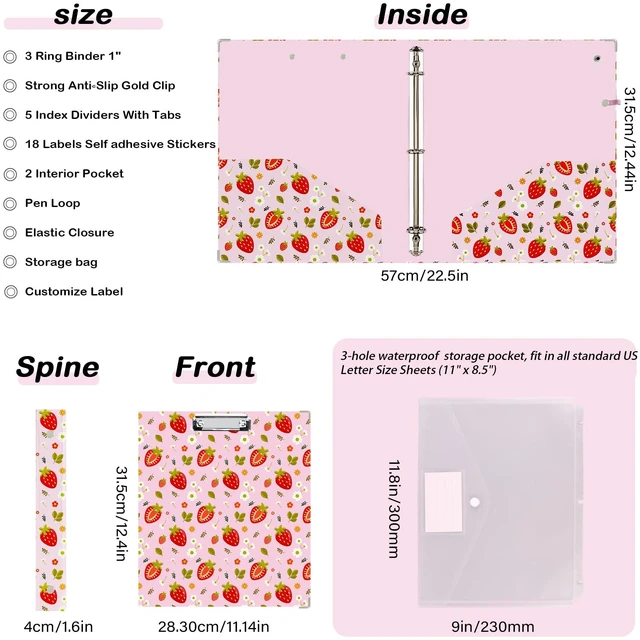 Alt view image 5 of 6 - 3 Ring Binder 1 inch with Clipboard - Pink Strawberry Design, Includes Dividers, File Bag & Spine Label - Cute and Practical for Students and Organizers, Holographic Waterproof Film