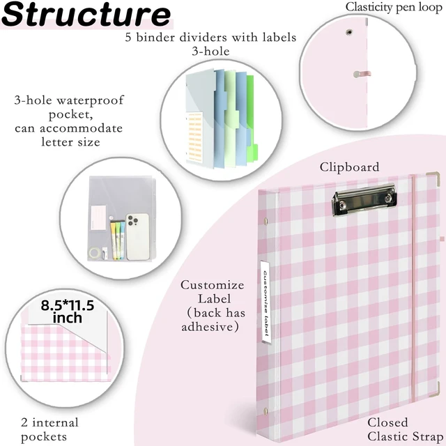 Alt view image 2 of 6 - 3 Ring Binder 1 inch with Clipboard - Pink & White Grid Design, Includes Dividers, File Bag & Spine Label - Ideal for Students and Professionals, Holographic Waterproof Film