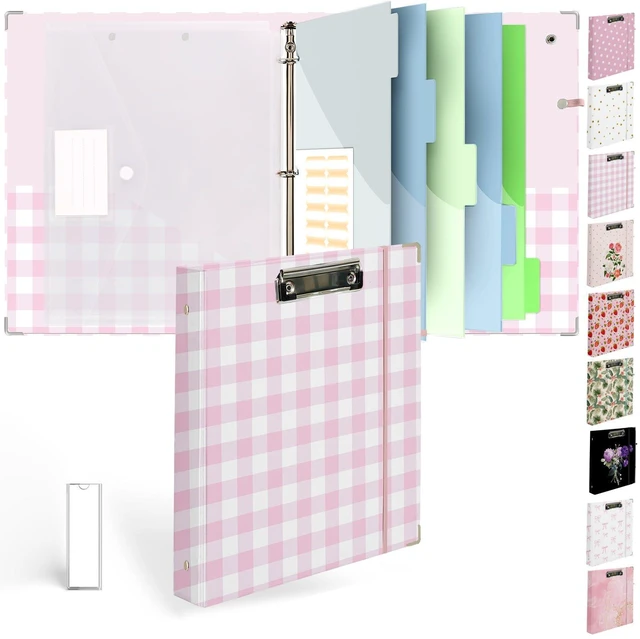 Main image of 3 Ring Binder 1 inch with Clipboard - Pink & White Grid Design, Includes Dividers, File Bag & Spine Label - Ideal for Students and Professionals, Holographic Waterproof Film