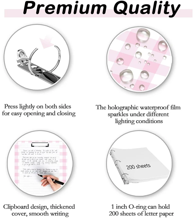 Alt view image 3 of 6 - 3 Ring Binder 1 inch with Clipboard - Pink & White Grid Design, Includes Dividers, File Bag & Spine Label - Ideal for Students and Professionals, Holographic Waterproof Film