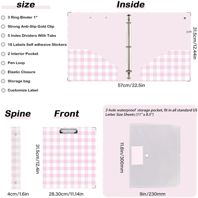 Alt view image 5 of 6 - 3 Ring Binder 1 inch with Clipboard - Pink & White Grid Design, Includes Dividers, File Bag & Spine Label - Ideal for Students and Professionals, Holographic Waterproof Film