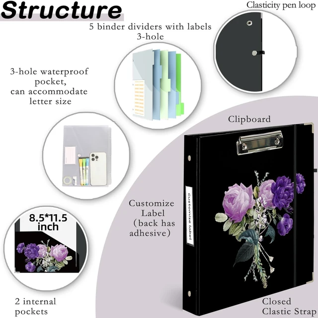 Alt view image 2 of 6 - 3 Ring Binder 1 inch with Clipboard - Purple Roses Bouquet Design, Includes Dividers, File Bag & Spine Label - Bold and Sophisticated for Office or School, Holographic Waterproof Film