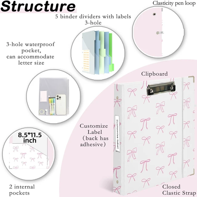 Alt view image 2 of 6 - 3 Ring Binder 1 inch with Clipboard - White & Pink Bow Design, Includes Dividers, File Bag & Spine Label - Classic and Elegant for School or Work, Holographic Waterproof Film