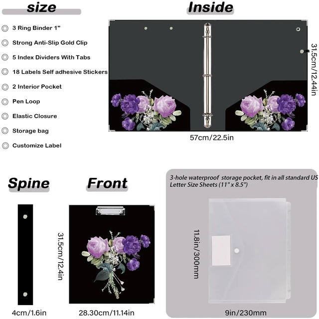 Alt view image 5 of 6 - 3 Ring Binder 1 inch with Clipboard - Purple Roses Bouquet Design, Includes Dividers, File Bag & Spine Label - Bold and Sophisticated for Office or School, Holographic Waterproof Film