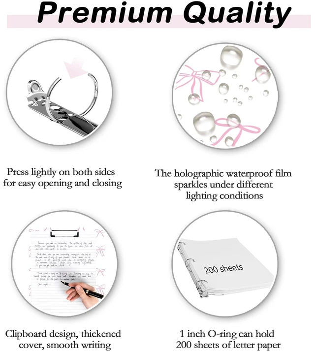Alt view image 3 of 6 - 3 Ring Binder 1 inch with Clipboard - White & Pink Bow Design, Includes Dividers, File Bag & Spine Label - Classic and Elegant for School or Work, Holographic Waterproof Film