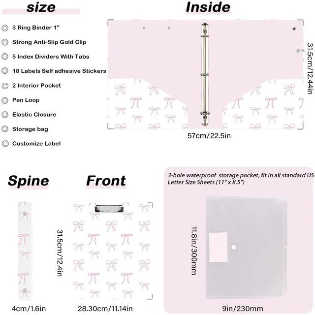 Alt view image 5 of 6 - 3 Ring Binder 1 inch with Clipboard - White & Pink Bow Design, Includes Dividers, File Bag & Spine Label - Classic and Elegant for School or Work, Holographic Waterproof Film