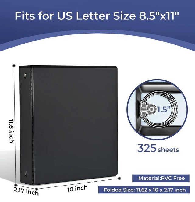 Alt view image 2 of 7 - 1-1/2'' 2-Inch 3-Ring Binder with Pockets, Premium View Binders with Three Ring Binders Holds up to 200/325/450 Sheets US Letter Size, Bulk Pack of 6 (1.5-inch Black)