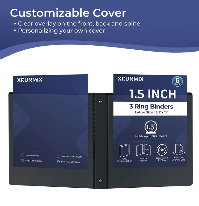 Alt view image 3 of 7 - 1-1/2'' 2-Inch 3-Ring Binder with Pockets, Premium View Binders with Three Ring Binders Holds up to 200/325/450 Sheets US Letter Size, Bulk Pack of 6 (1.5-inch Black)