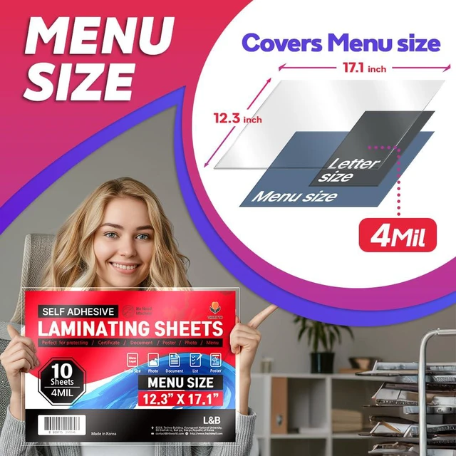 Alt view image 2 of 7 - Self-Adhesive Laminating Sheets, No Heat, 12.3x17.1 in, 4 Mil, 10 Pack Menu size sheets with a clear glossy finish for menus, posters, certificates and ID cards at home, school or work