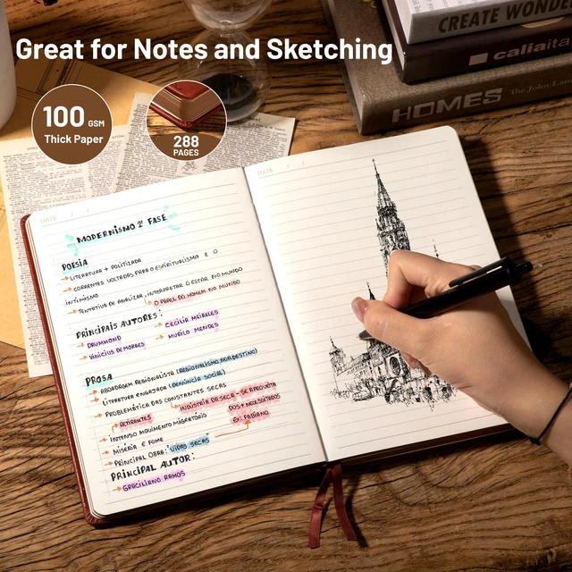 Alt view image 3 of 7 - Compass Leather Journal for Men Women, A5 Lined Notebook Writing Gift 288 Pages 100 GSM Acid-free Paper, Bleed-free, Pen holder, Lay Flat, For Daily Writing, Office, Gifting